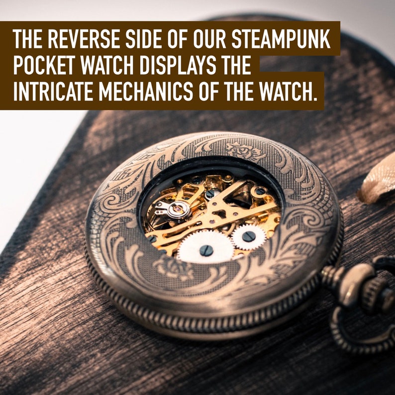 May include: A steampunk pocket watch with intricate gears and a decorative design on the back. The watch is open, revealing the inner workings.