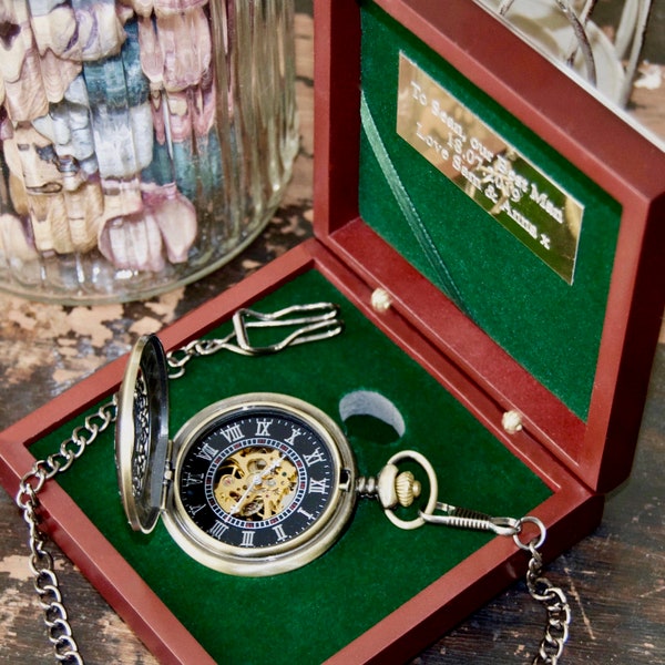 Engraved Pocket Watch Groomsman Gift - Steampunk Gift for Groomsmen - Engraved Watch and Watch Box - Groomsmen Box - Best Man Gifts