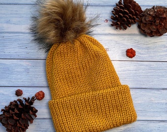 Double Knit Toque with pompom, Warm winter hat, vegan knit beanie, Winter Beanie for women, gift under 40, stocking stuffer for sister