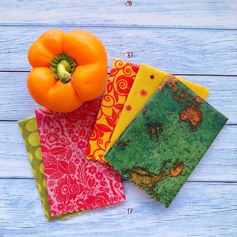 Set of 4 Reusable Beeswax Food Wraps Gift Pack, pick your pattern, stocking stuffer for men who like to cook, gift under 25 image 4