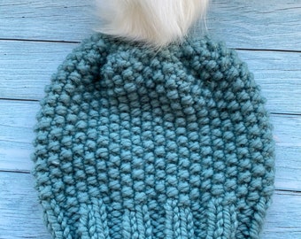 Hand Knit Pompom Beanie for Women, Womens knit hat, winter hat for women, toque with pompom