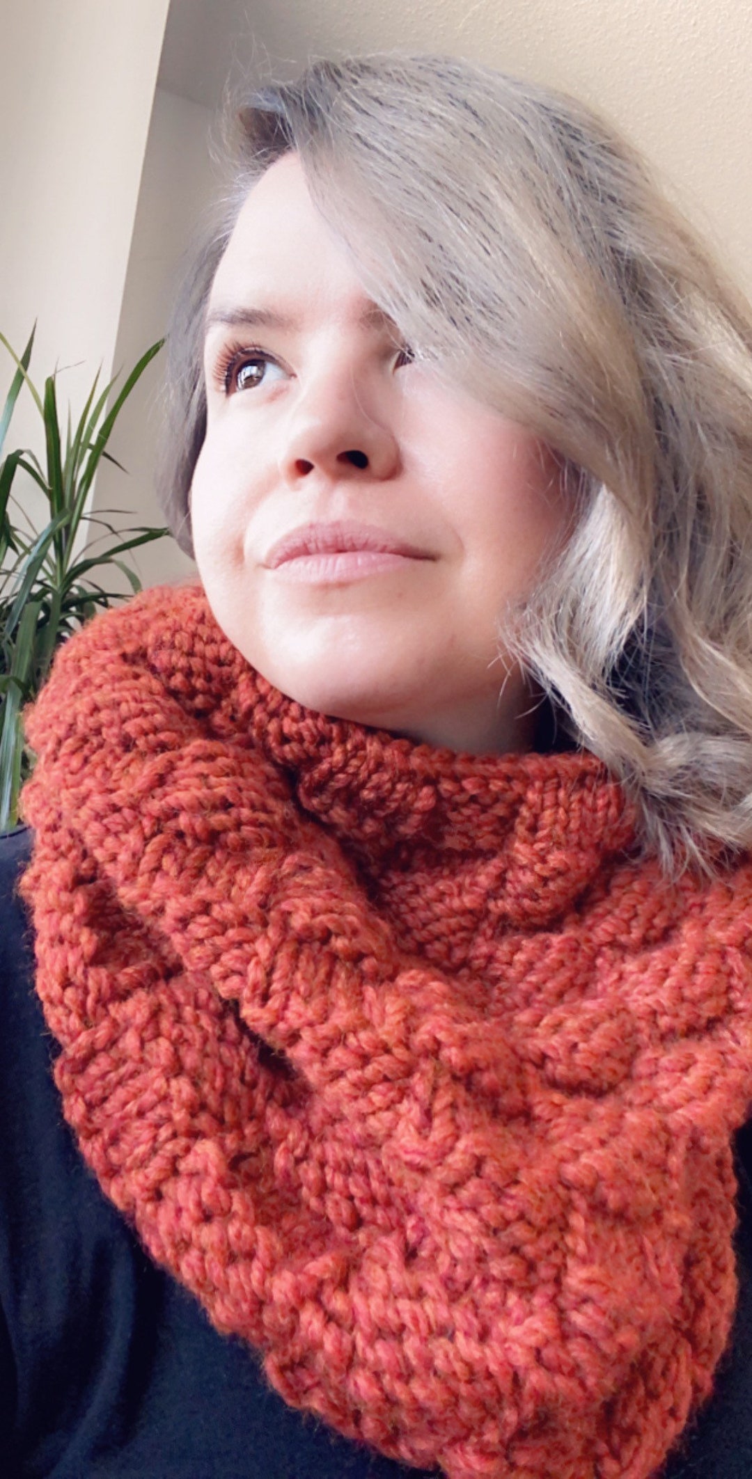 Knit Snood, Oversized Handknit Winter Cowl, Burnt Orange Scarf