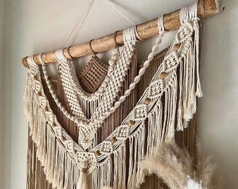 Macrame wall hanging with tassels, brown and beige, Boho Nursery dorm, kids room, kitchen tapestry, Baby Shower housewarming Gift