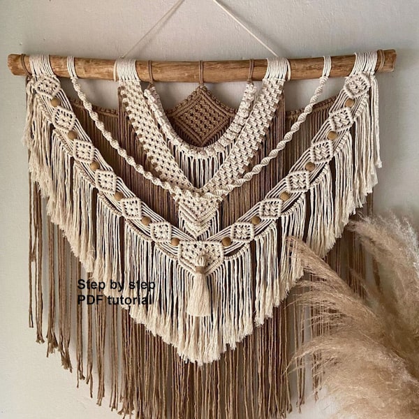 DIY tutorial for Macrame wall hanging, two colors, Boho Nursery or dorm or kids room or kitchen tapestry -digital download, PDF instructions