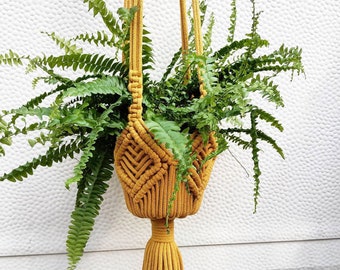 Macrame plant hanger-Simple Modern Minimalist Macrame indoor plant holder - mustard, black or natural white plant stand with beads