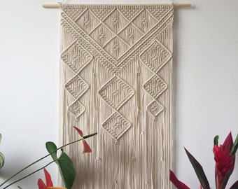 Macrame muur opknoping-Boho decor - Geometrische japandi Wall Art -macrame muurschildering - -Scandinavisch gordijn - modern minimalistisch- ruitpatroon