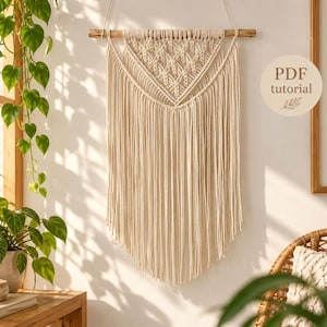May include: A cream-colored macrame wall hanging suspended from a wooden dowel, featuring a triangular knotted pattern at the top and long, straight fringe hanging below. A circular graphic on the right side contains the text PDF tutorial.