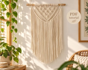 May include: A cream-colored macrame wall hanging suspended from a wooden dowel, featuring a triangular knotted pattern at the top and long, straight fringe hanging below. A circular graphic on the right side contains the text PDF tutorial.
