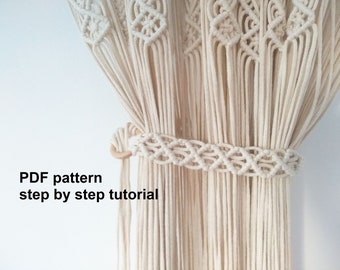 DIY tutorial voor Macrame Gordijn Tie Backs - Draperie boho tieback met Macramé diamanten - digitale download pdf - Raamaccessoires