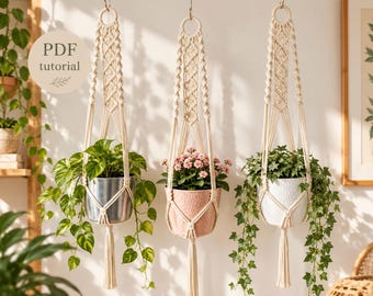 Peut inclure: Trois suspensions pour plantes en macramé blanc cassé accrochées à des anneaux, chacune contenant une plante en pot. À gauche, un pothos vert dans un pot argenté, au centre, une plante à fleurs roses dans un pot texturé, et à droite, du lierre dans un pot blanc. Texte PDF tutorial inclus.