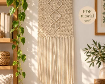 May include: A cream-colored macrame wall hanging suspended from a wooden dowel, featuring a textured knot pattern with three central diamond-shaped geometric designs and long, straight fringe at the bottom. The image includes the text PDF tutorial.
