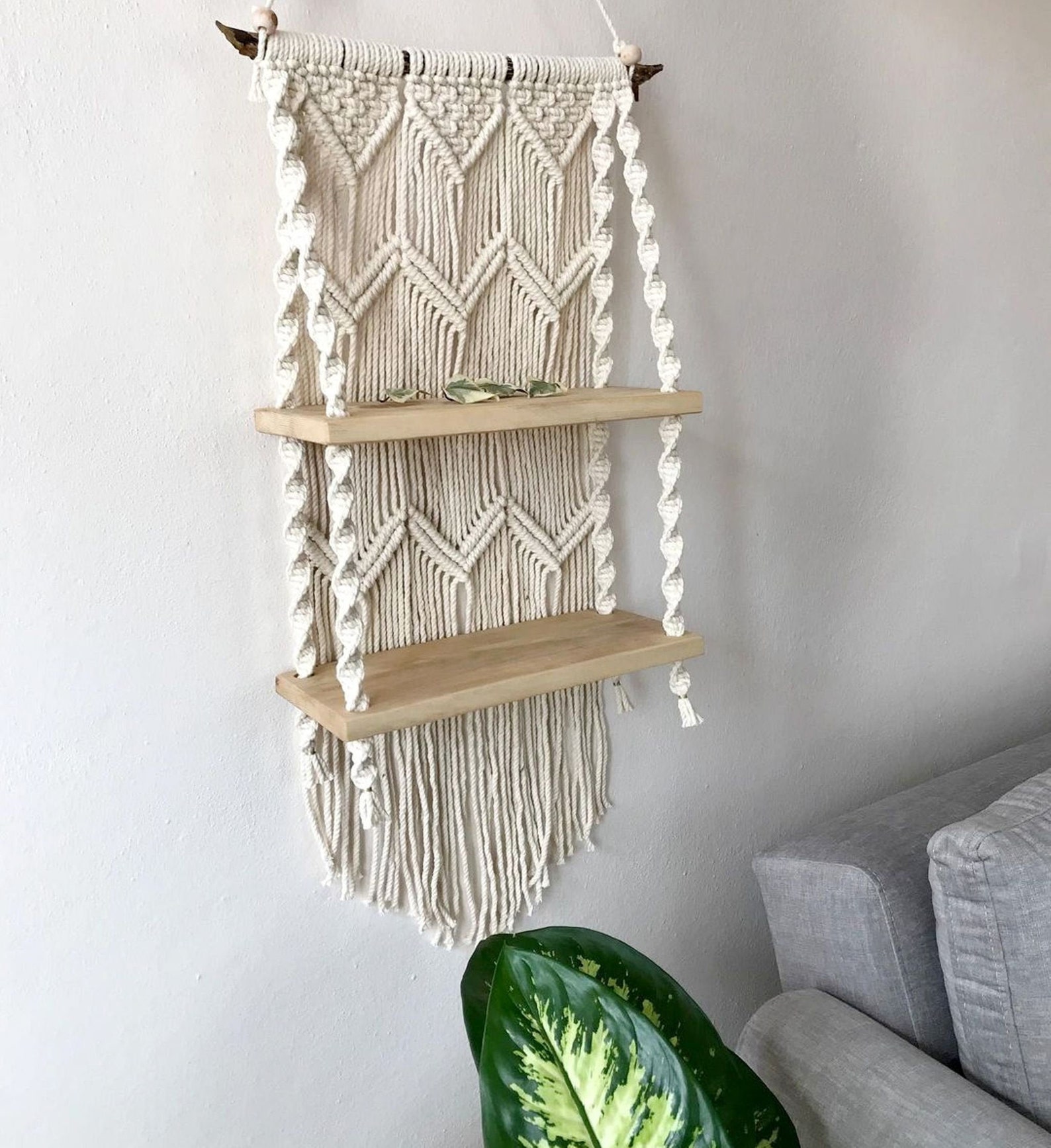 Macrame two tiered shelf Floating Shelf wall shelf double Etsy