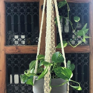 Pu&ograve; includere: Un portavasi in macram&egrave; con un vaso grigio e una pianta verde appesa. Il portavasi &egrave; realizzato in corda di cotone naturale e presenta un motivo a nodi. La pianta &egrave; una pianta ricadente con foglie verdi.