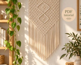 May include: A cream-colored macrame wall hanging suspended from a wooden dowel. The textile features a central geometric pattern composed of two stacked diamond shapes with intricate knotting, finished with a long, pointed fringe at the bottom.