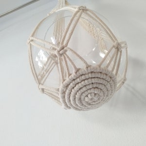May include: A white macrame plant hanger with a round, woven base and a clear glass globe. The hanger is suspended from a white ceiling.