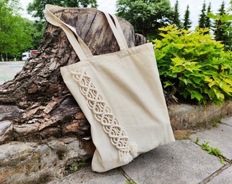 Macrame Canvas Tote Bag, Reusable Shopping Market Bag, Boho beach summer Shoulder Handbag, Eco friendly washable  baguette bread storage