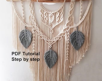 DIY tutorial for Macrame wall hanging with feathers,  Boho Nursery or  dorm or  kids room or kitchen tapestry - digital download, PDF