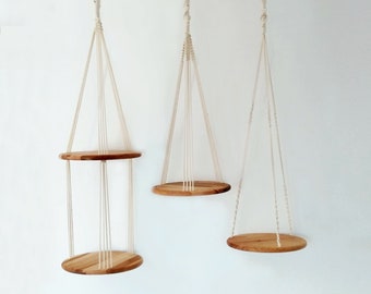 Macrame Hanging Shelf: Cotton Rope, Wood Plant Stand