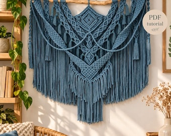 Peut inclure: Une grande tenture murale en macramé bleu suspendue à une branche en bois naturel. L'art textile complexe présente des motifs de nœuds élaborés, des formes géométriques et de longues franges. Une étiquette circulaire indique PDF tutorial.