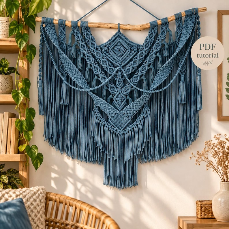 May include: A large blue macrame wall hanging suspended from a natural wooden branch. The intricate fiber art features complex knotted patterns, geometric shapes, and long fringe tassels. A circular tag on the right side displays the text PDF tutorial.