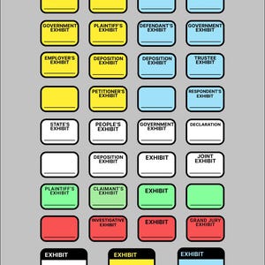 May include: A grid of colorful rectangular labels with text related to legal exhibits. The labels are in various colors, including yellow, blue, green, red, and black, with white text. Terms like "Exhibit," "Plaintiff's," and "Defendant's" are visible.