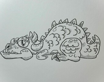 Dragón soñoliento en blanco y negro - Adhesivo de vinilo de 3"; apto para lavavajillas de alta gama; adhesivo artístico para interiores y exteriores