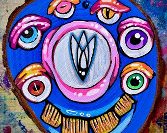 El Vidente, Monstruos Alegres: Adorno de madera azul único, pintado a mano, de Fragz