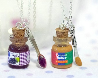 Miniature Cute Peanut Butter or Grape Jelly Jar Necklace with knife and spoon- Best Friend Forever