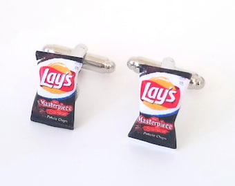 Miniature Vintage Lay's BBQ Potato Chips Cufflinks-Miniature food cufflinks, mini food jewelry, mini chips, cufflinks,snacks, yellow