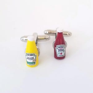 Miniature Ketchup and Mustard Cufflinks, Mniature food cufflinks, mini food jewelry, mini sauce, cufflinks,snacks, yellow,red