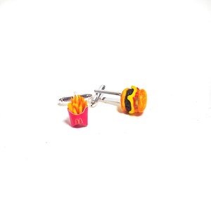 Miniature Food French Fries and Cheese Hamburger Cufflinks, miniature jewelry, cufflinks, McDonald&#39;s, burger
