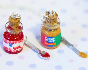 Miniature Cute BFF Peanut Butter Strawberry Jelly Jar Necklace Set with knife and spoon- Best Friend Forever