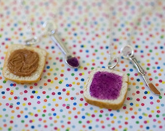 Miniature Cute BFF Peanut Butter Grape Jelly Heart Necklace Set with knife and spoon- Best Friend Forever