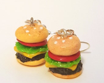 Miniature Cheese Hamburger Earrings with Silver Plated or Sterling Silver your choice