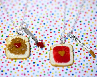 Miniature Cute BFF Peanut Butter Jelly Heart Necklace Set with knife and spoon- Best Friend Forever