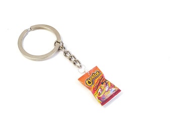 Miniature Cheetos Flaming Hot Keychain, miniature food jewelry, junk food charms necklaces, kawaii, cute, accessories, charms, keychain