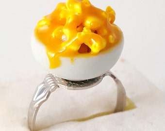 Qminishop Miniature Mac and Cheese Ring with adjustable ring band, Polymer clay Mac and Cheese, Food Jewelry