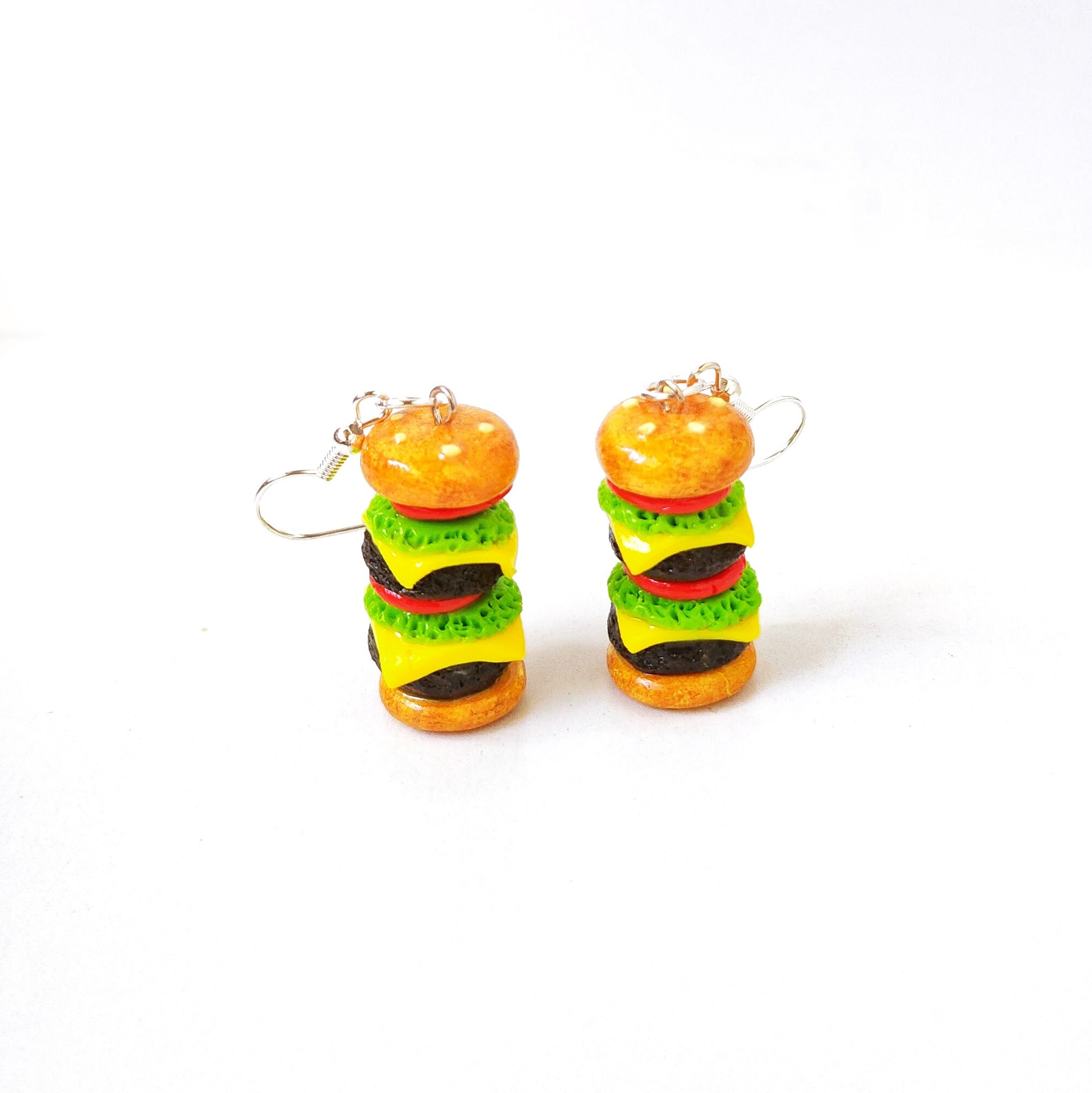 Miniature Double Cheese Hamburger Earrings, Silver Plated, Sterling ...