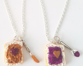 Miniature Cute BFF Peanut Butter Grape Jelly Heart Necklace Set with knife and spoon- Best Friend Forever