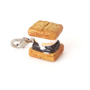 Puede incluir: Un amuleto de s'more en miniatura hecho de arcilla polimérica. El amuleto presenta una galleta graham, un malvavisco y una barra de chocolate. El amuleto está unido a un broche de langosta de metal plateado.