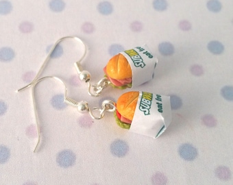Miniature Subway Ham Sandwich Dangle Earring with Silver Plated or Gold Plated or Sterling Silver your choice,sandwich earrings, kawaii,cute