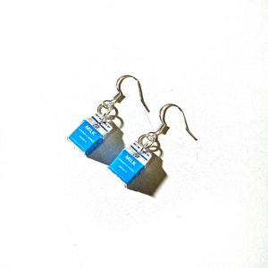 Miniature School Milk (Blue) Carton Dangle Earring,Miniature Food Jewelry,Inedible Jewelry,Milk Earrings,Silver Plated,Gift for Teacher