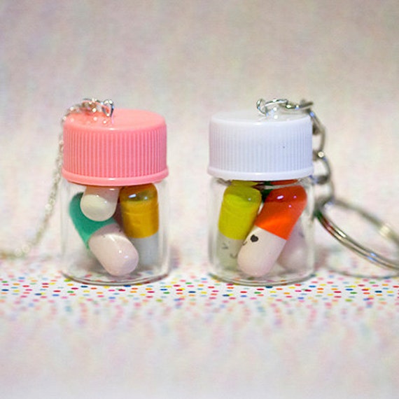 Miniature Happy Pills Bottle in Key Chain or Necklace Message in