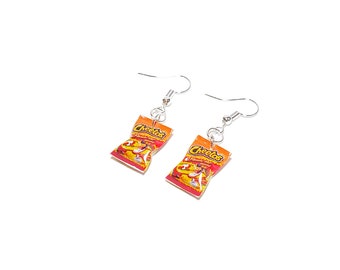 Qminishop Miniature Cheetos Flaming Hot Dangle Earrings, miniature food jewelry, junk food earrings, kawaii, cute, accessories