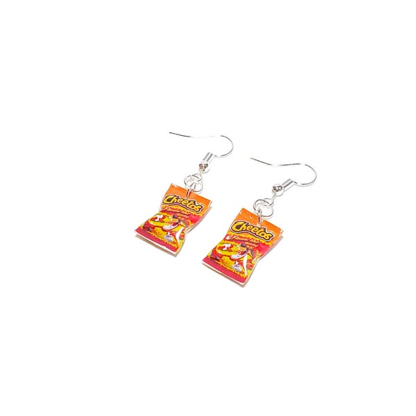Qminishop Miniature Cheetos Flaming Hot Dangle Earrings, miniature food jewelry, junk food earrings, kawaii, cute, accessories