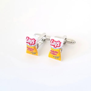 Miniature Vintage Lay&#39;s Potato Chips Cufflinks-Miniature food cufflinks, mini food jewelry, mini chips, cufflinks,snacks, yellow