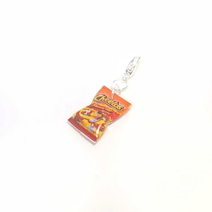 Miniature Cheetos Flaming Hot Charm, miniature food jewelry, junk food charms necklaces, kawaii, cute, accessories, charms, necklaces