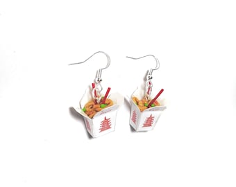 Miniature Vegetable Chow Mein Chinese Take Out Noodles Earring with Silver Plated or Gold Plated or Sterling Silver your choice,Chinese Food