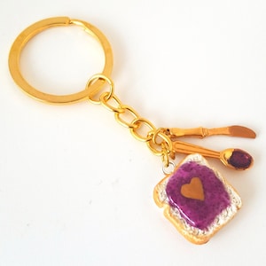 Peanut Butter Grape Jelly Heart Keychain Set with knife and spoon- Best Friend Forever, BFF Keychain, Miniature peanut butter jelly sandwich