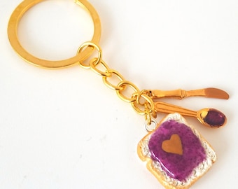 Peanut Butter Grape Jelly Heart Keychain Set with knife and spoon- Best Friend Forever, BFF Keychain, Miniature peanut butter jelly sandwich